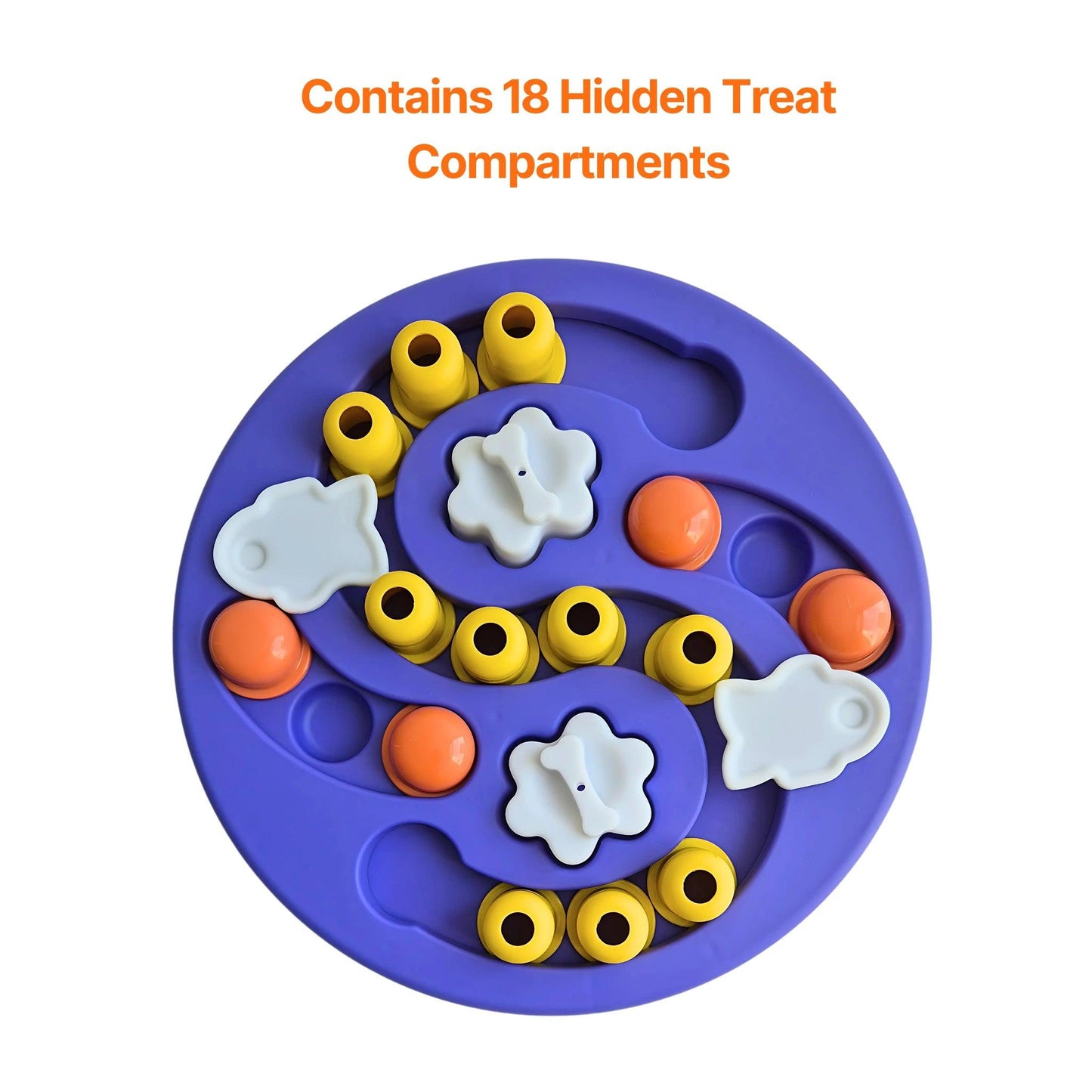 Image description: Treat puzzle toy with 18 compartments for hiding treats, colour purple.
Text on image: Contains 18 hidden treat compartments.