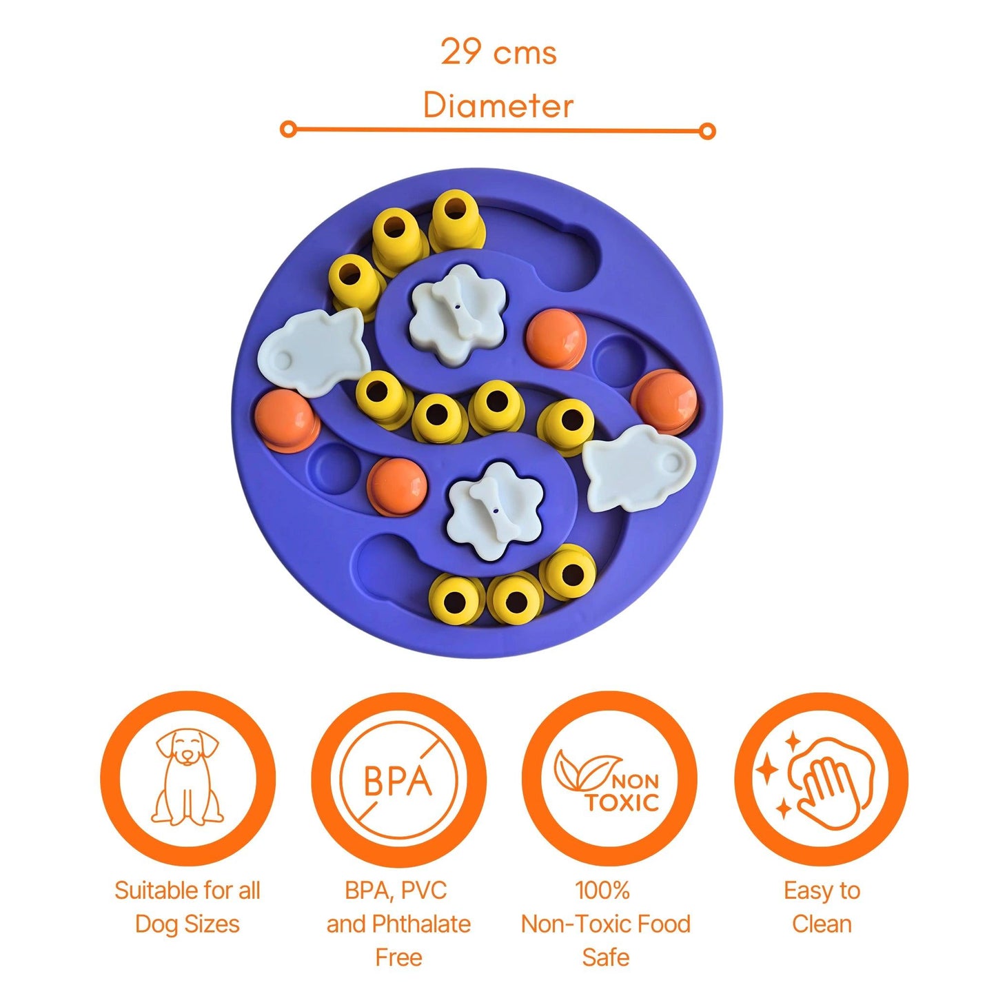 Image description: Treat puzzle toy with sizing lines displaying diameter 29 cms.
Text on image: Suitable for all dog sizes, BPA, PVC and phthalate free, 100% non-toxic food safe, easy to clean.