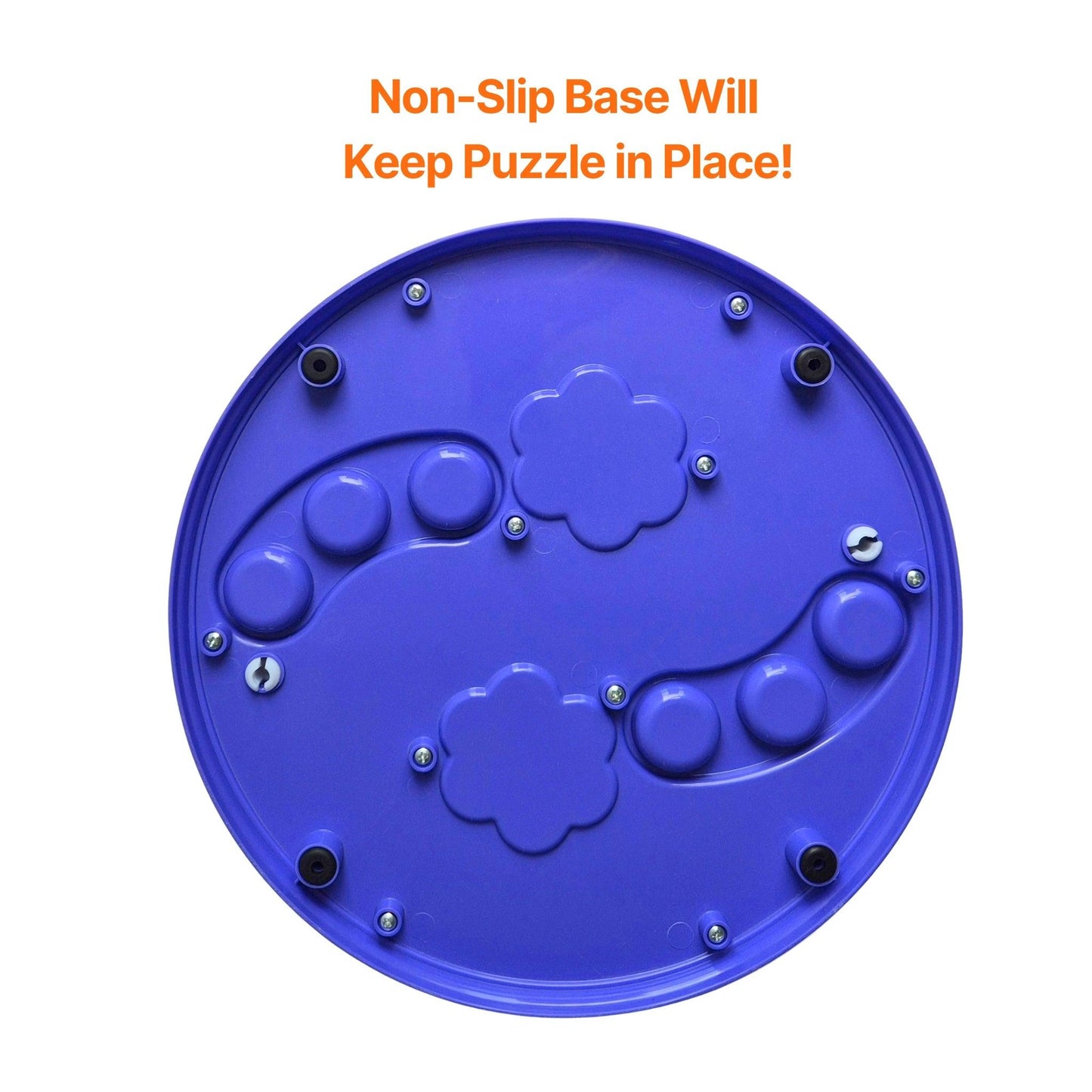 Image description: Treat puzzle toy back showing non-slip feature.
Text on image: Non-slip base will keep puzzle in place.