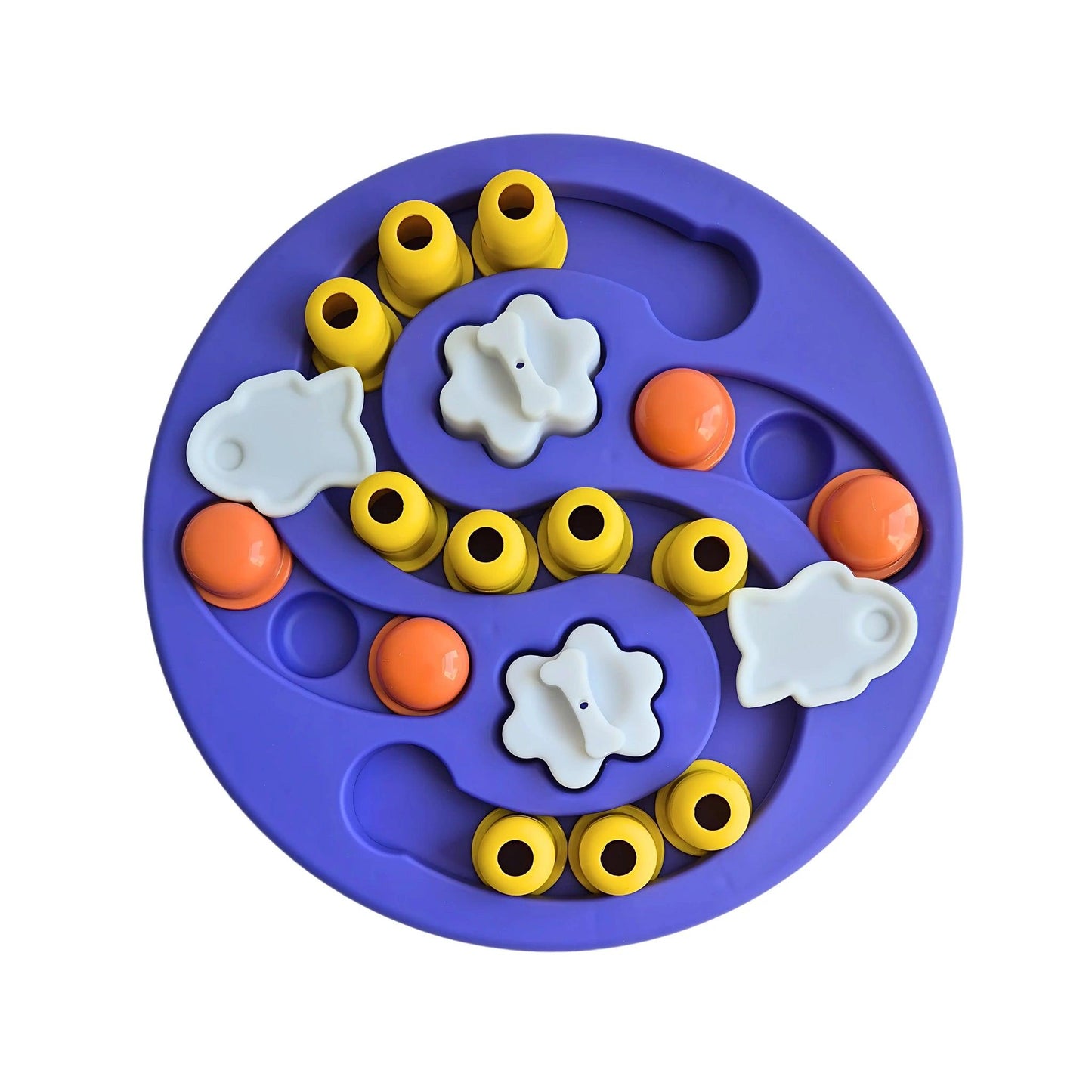 Image description: Treat puzzle toy with 18 compartments for hiding treats, colour purple.
