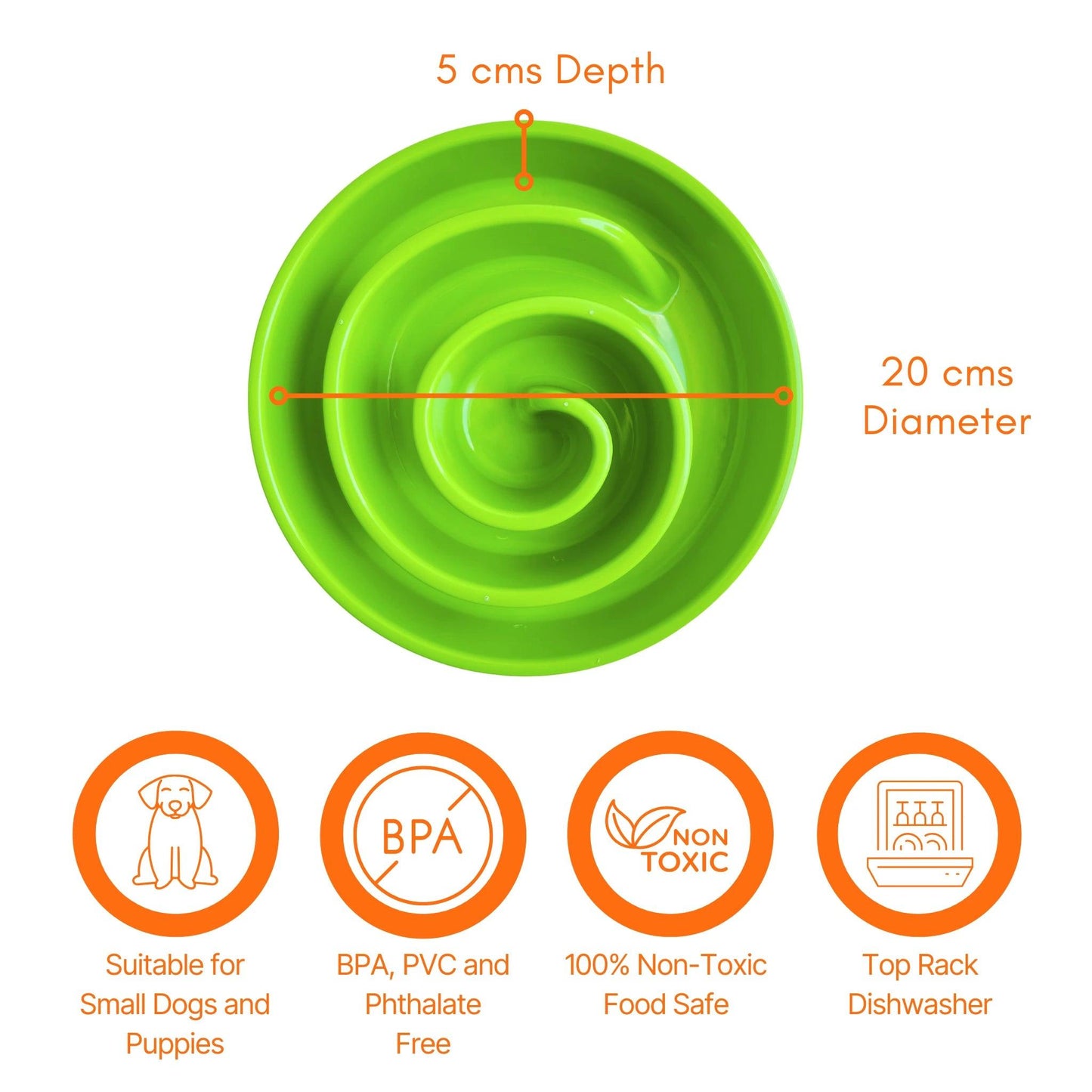 Image description: Slow feeder spiral with sizing lines displaying depth 5 cms and diameter 25 cms.
Text on image: Suitable for small dogs and puppies, BPA, PVC and Phthalate Free, 100% Non-Toxic Food Safe, Top Rack Dishwasher.