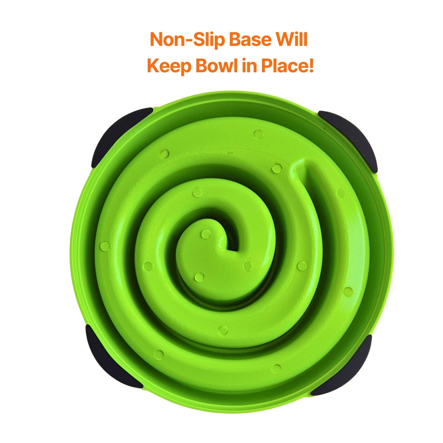 Image description: Slow feeder spiral showing non-slip base.
Text on image: Non-slip base will keep bowl in place.