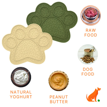 Image description: 3 lick mats surrounded by images of natural yoghurt, peanut butter, dog food (canned and kibble), raw meat. 
