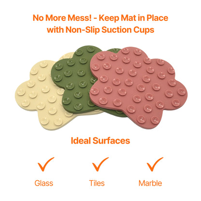 Image description: the back of 3 lick mats showing the suction cups.
Text on image: No more mess! - Keep mat in place with non-slip suction cups. Ideal surfaces - glass, tiles, marble