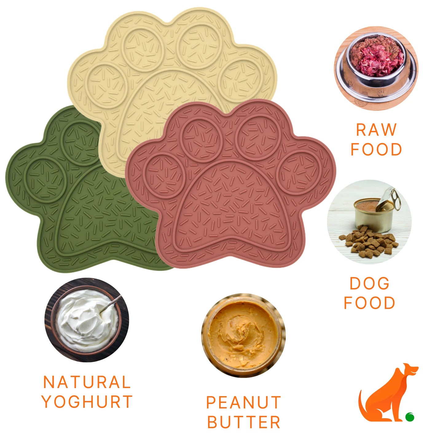 Image description: 3 lick mats surrounded by images of natural yoghurt, peanut butter, dog food (canned and kibble), raw meat. 