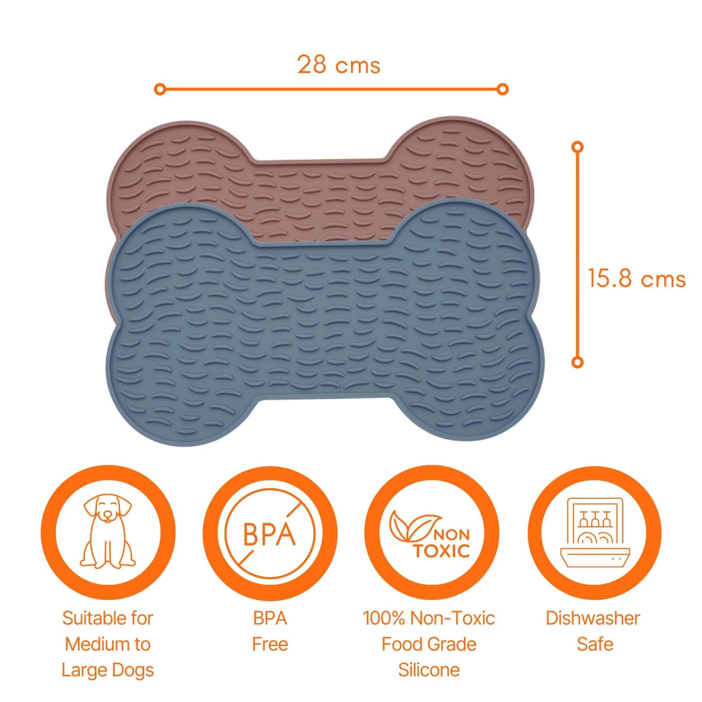 Image description: Lick mat 2 pack bone shapes with sizing lines displaying 28 cms length and 15.8 cms width.
Text on image: Suitable for medium to large dogs, BPA free, 100% non-toxic food grade silicone, Dishwasher safe.