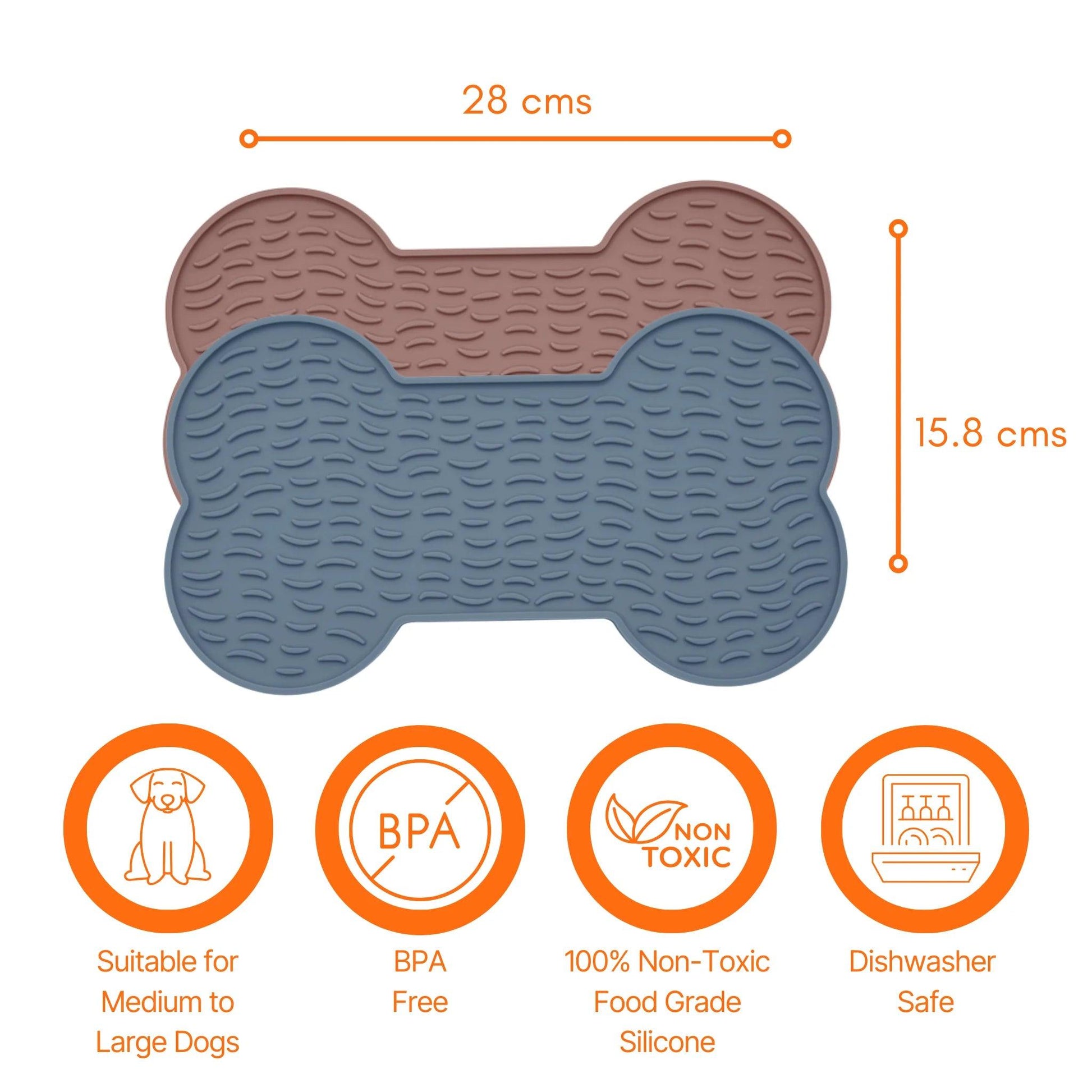 Image description: Lick mat 2 pack bone shapes with sizing lines displaying 28 cms length and 15.8 cms width.
Text on image: Suitable for medium to large dogs, BPA free, 100% non-toxic food grade silicone, Dishwasher safe.