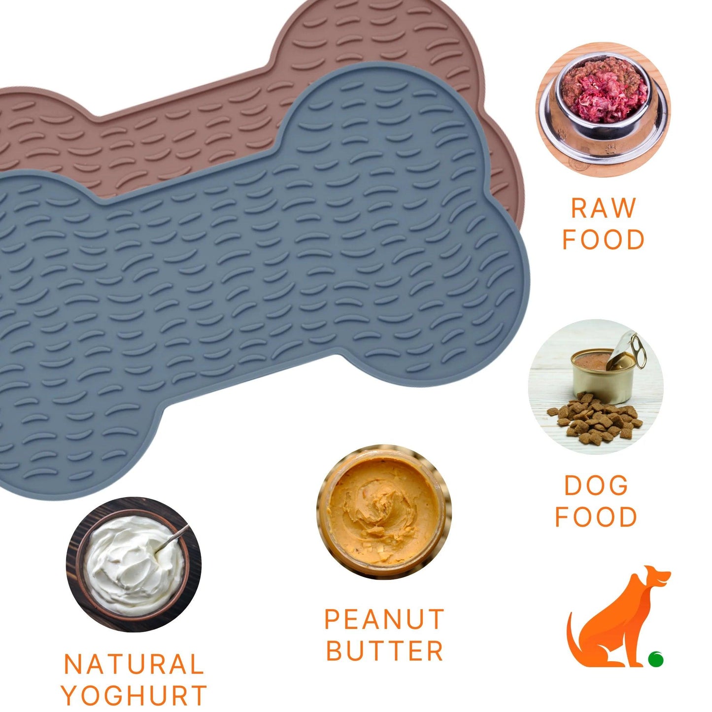 Image description: Lick mat 2 pack, bone shapes, surrounded by pictures of spread options.
Text on image: Natural Yoghurt, Peanut Butter, Dog Food, Raw Food.