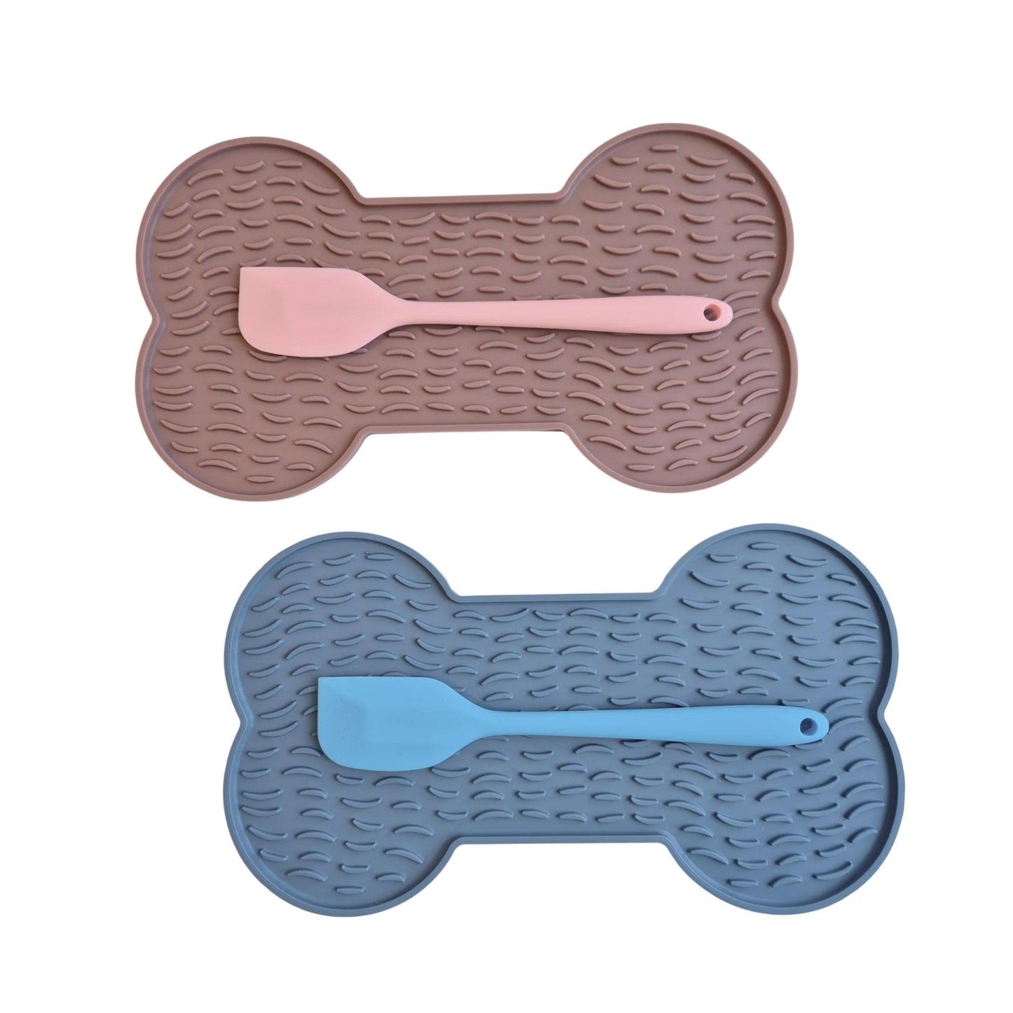 Image description: Lick mat 2 pack, bone shape, light pink and light blue with 2 spatulas. 