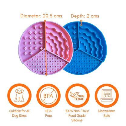 Image description: Slow feeder lick mat 2 pack with sizing lines displaying diameter 20.5 cms and depth 2 cms. 
Text on image: Suitable for all dog sizes, BPA free, 100% non-toxic food grade silicone, dishwasher safe. 