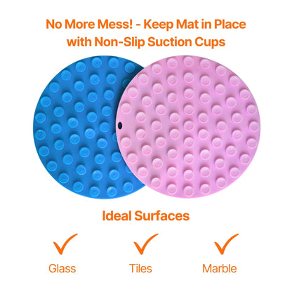 Image description: the back of the slow feeder lick mat 2 pack showing the suction cups.
Text on image: No more mess! - Keep mat in place with non-slip suction cups. Ideal surfaces - glass, tiles, marble