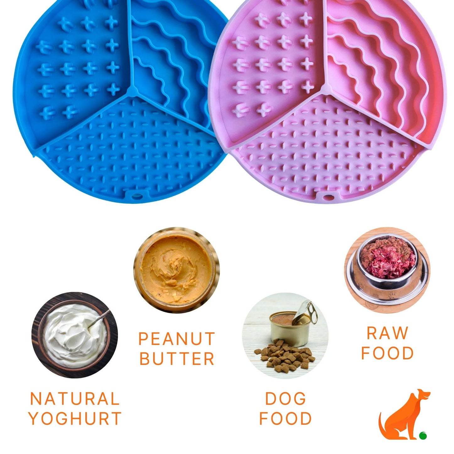 Image description: Slow feeder lick mat 2 pack surrounded by pictures of spread options.
Text on image: Natural Yoghurt, Peanut Butter, Dog Food, Raw Food.