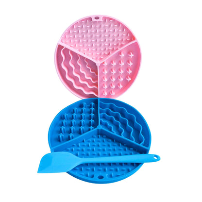 Image description: Slow feeder lick mat 2 pack, blue and pink, 3 different licking experiences with a spatula. 