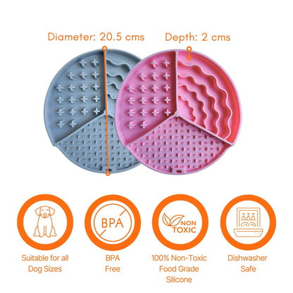 Image description: Slow feeder lick mat 2 pack with sizing lines displaying diameter 20.5 cms and depth 2 cms. 
Text on image: Suitable for all dog sizes, BPA free, 100% non-toxic food grade silicone, dishwasher safe. 
