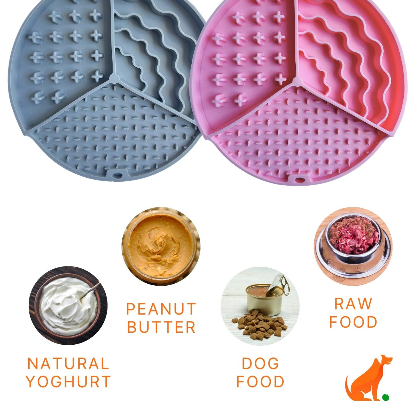 Image description: Slow feeder lick mat 2 pack surrounded by pictures of spread options.
Text on image: Natural Yoghurt, Peanut Butter, Dog Food, Raw Food.