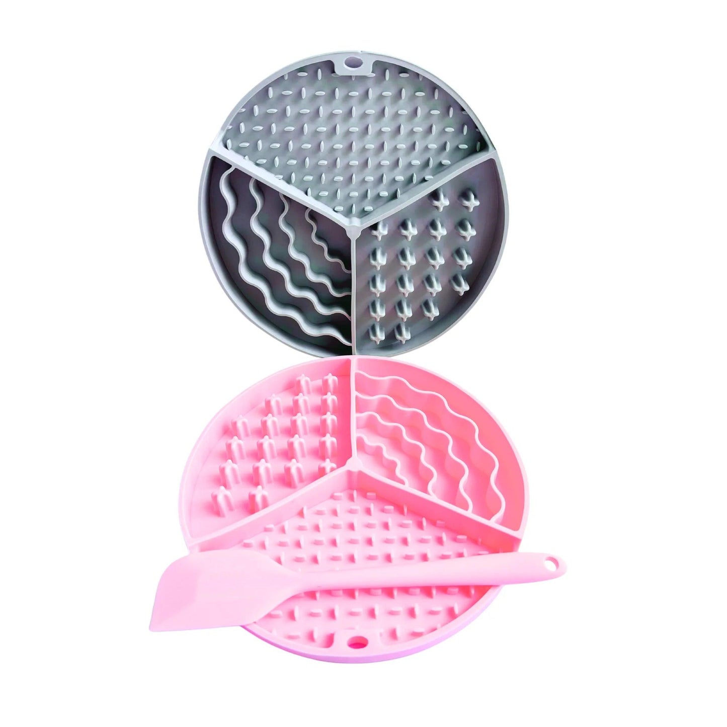 Image description: Slow feeder lick mat 2 pack, grey and pink, 3 different licking experiences with a spatula. 