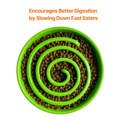 Image description: Slow feeder spiral bowl filled with kibble.
Text on image: Encourages better digestion by slowing down fast eaters. 