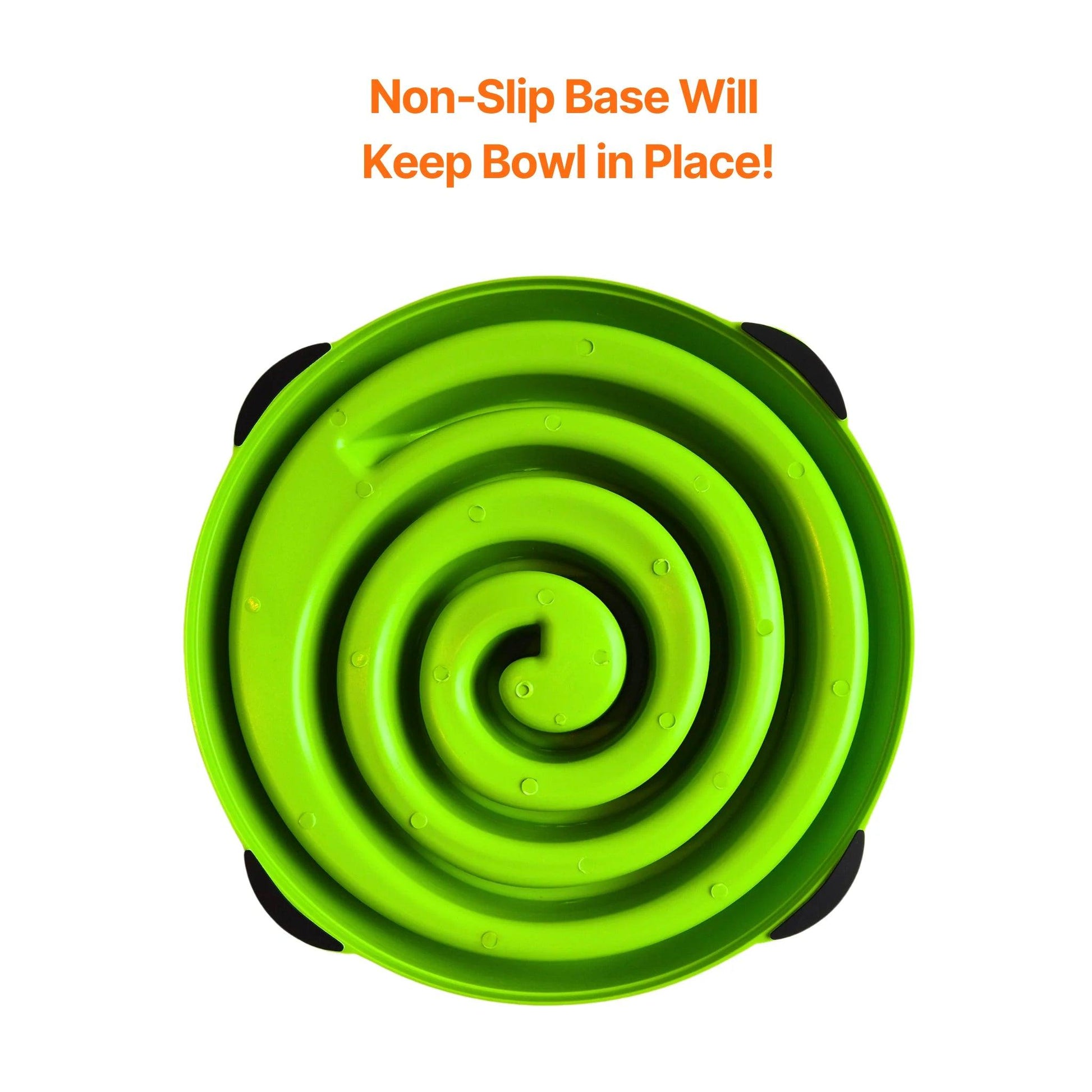 Image description: the back of the slow feeder bowl showing the no-slip base.
Text on image: Non-slip base will keep bowl in place!