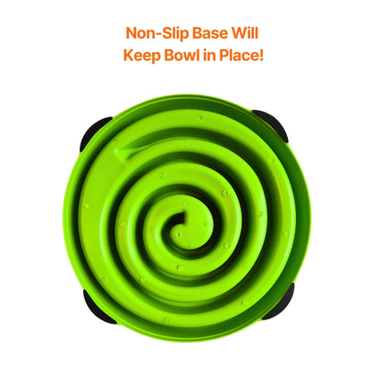 Image description: the back of the slow feeder bowl showing the no-slip base.
Text on image: Non-slip base will keep bowl in place!
