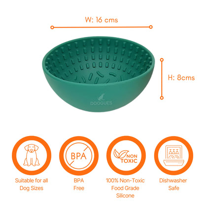Image description: Wobble lick bowl with sizing lines displaying width 16 cms and height 8 cms. 
Text on image: Suitable for all dog sizes, BPA free, 100% non-toxic food grade silicone, dishwasher safe. 