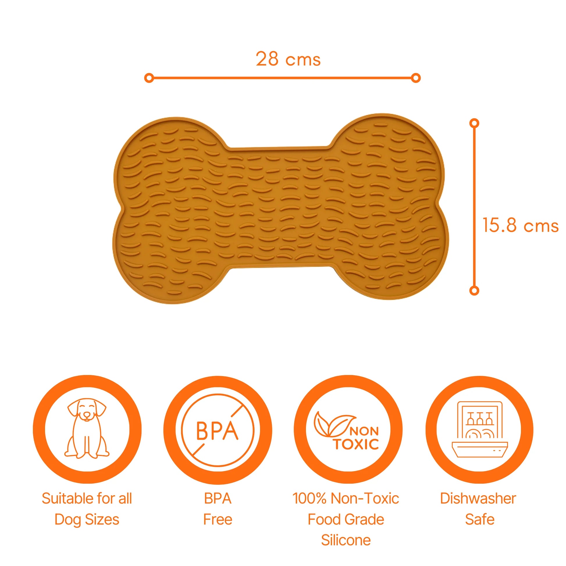 Image description: Lick mat bone shape with sizing lines displaying 28 cms length and 15.8 cms width.
Text on image: Suitable for medium to large dogs, BPA free, 100% non-toxic food grade silicone, Dishwasher safe.