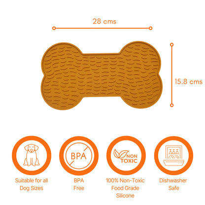 Image description: Lick mat bone shape with sizing lines displaying 28 cms length and 15.8 cms width.
Text on image: Suitable for medium to large dogs, BPA free, 100% non-toxic food grade silicone, Dishwasher safe.