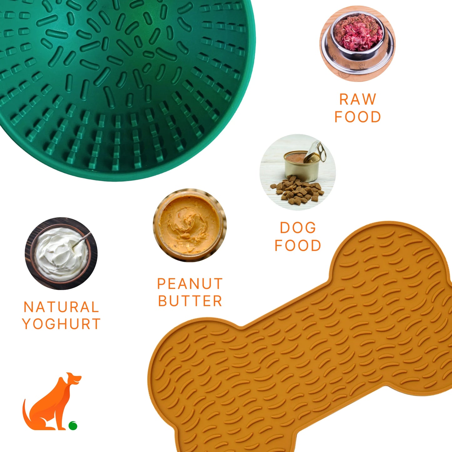 Image description: Wobble lick bowl and lick mat bone shape surrounded by pictures of spread options.
Text on image: Natural Yoghurt, Peanut Butter, Dog Food, Raw Food.