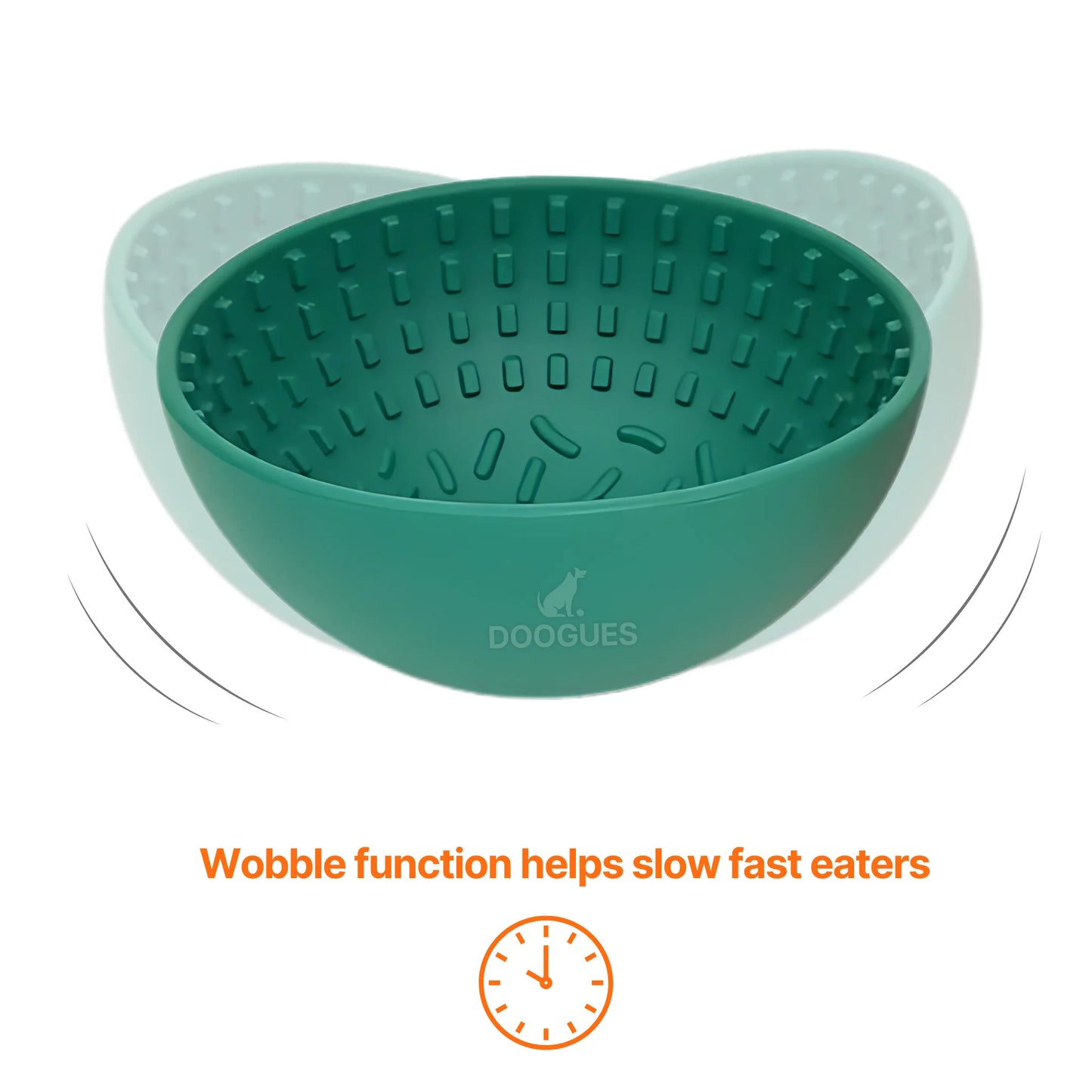 Image description: Wobble lick bowl showing wobble function
Text on image: Wobble function helps slow feeding time. 