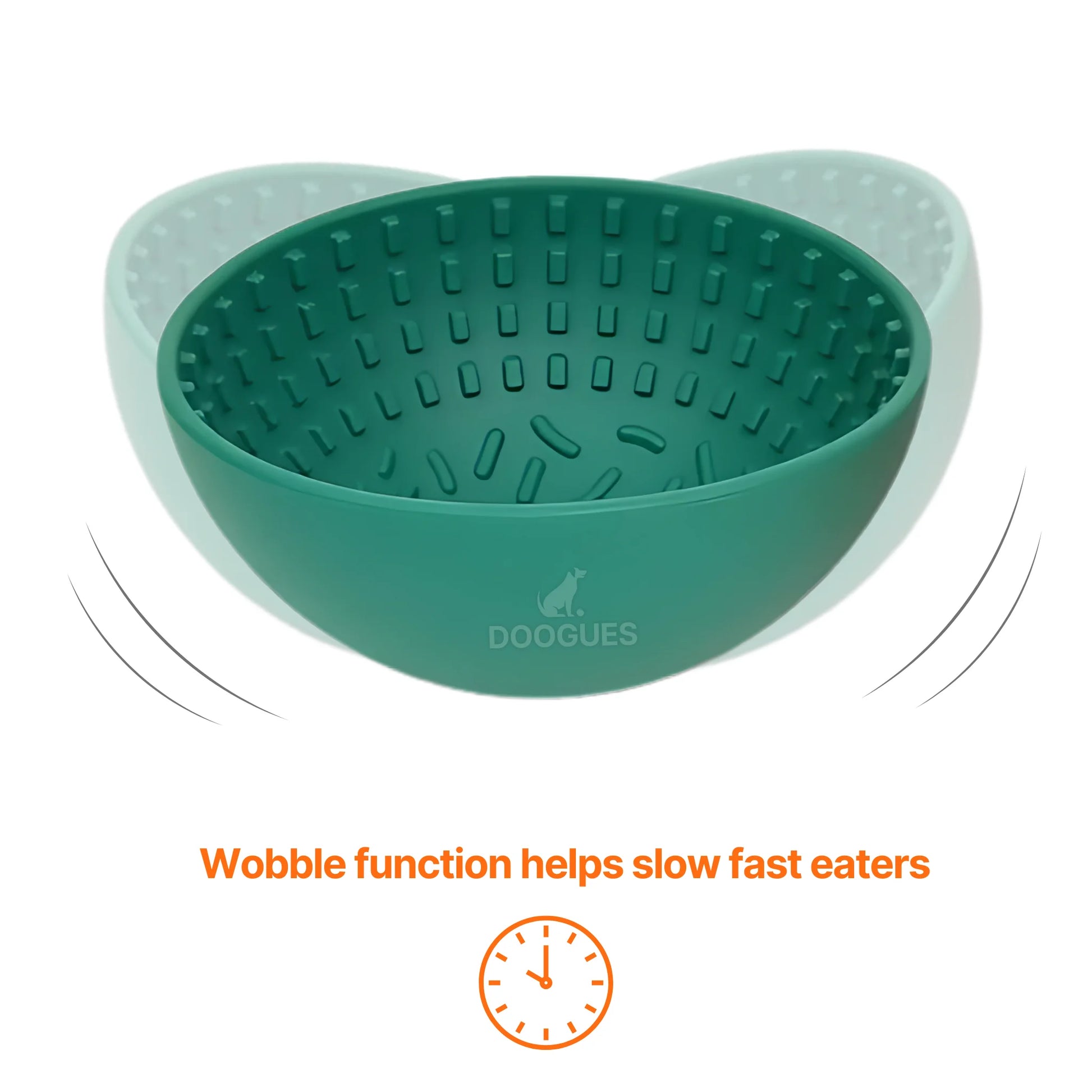 Image description: Wobble lick bowl showing wobble function
Text on image: Wobble function helps slow feeding time. 
