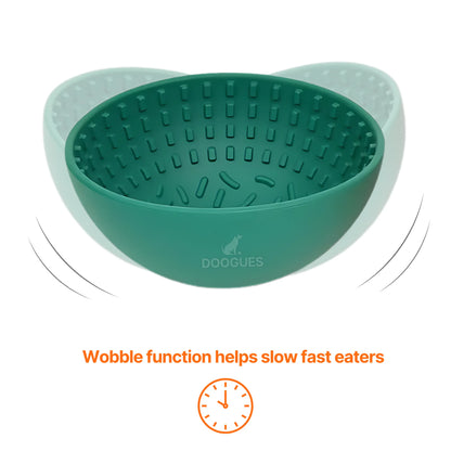 Image description: Wobble lick bowl showing wobble function
Text on image: Wobble function helps slow feeding time. 